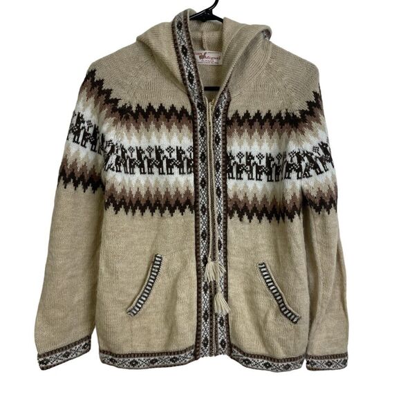 San Miguel Alpaca Hoodie Sweater Small Womens Cream Brown Full Zip Drawstring - Picture 1 of 8